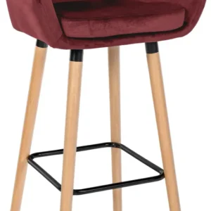 Tabouret de bar x1 design scandinave en velours rouge cadre en bois repose-pieds en métal 10_0006252
