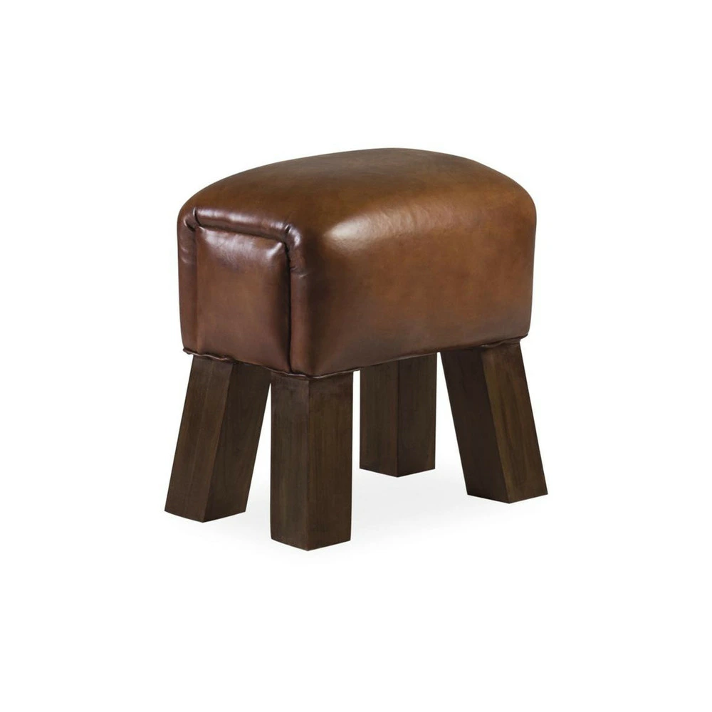 Tabouret bois cuir marron 42x30x45cm bois-cuir de vache - décoration d'autrefois