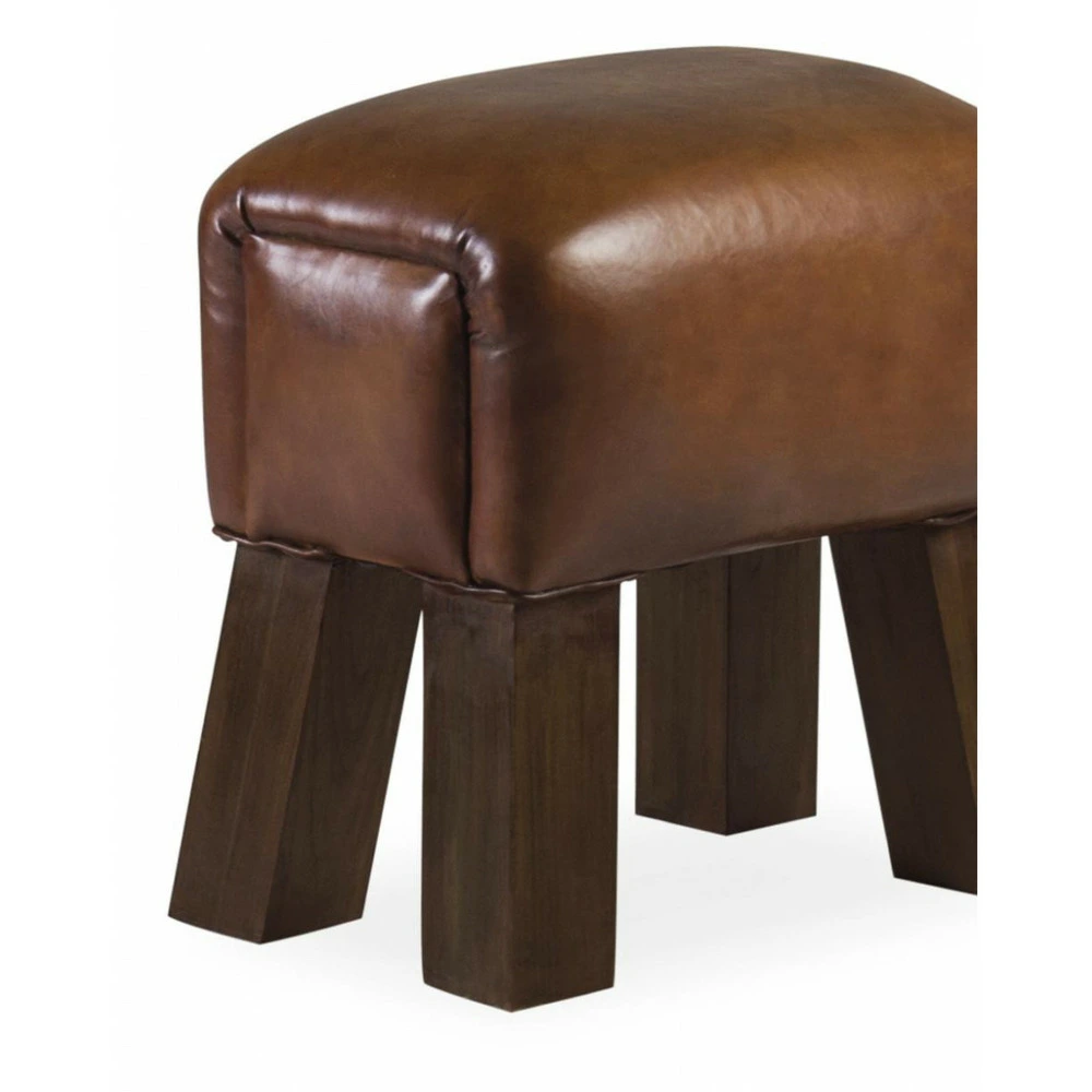 Tabouret bois cuir marron 42x30x45cm bois-cuir de vache - décoration d'autrefois