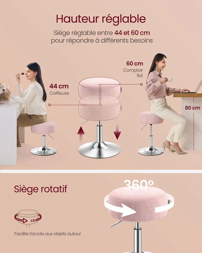 Tabouret de maquillage réglable en hauteur pivotant à 360 degrés en pu coussin dense tabouret de coiffeuse pour chambre cu...