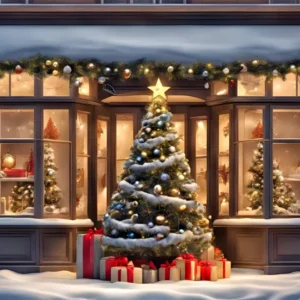 Toile de Fond d'Arbre de Noël et Vitrine de Magasin avec Cadeaux RR8-152