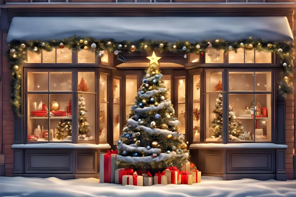 Toile de Fond d'Arbre de Noël et Vitrine de Magasin avec Cadeaux RR8-152