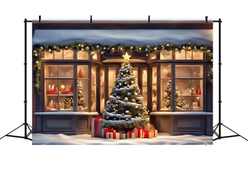Toile de Fond d'Arbre de Noël et Vitrine de Magasin avec Cadeaux RR8-152