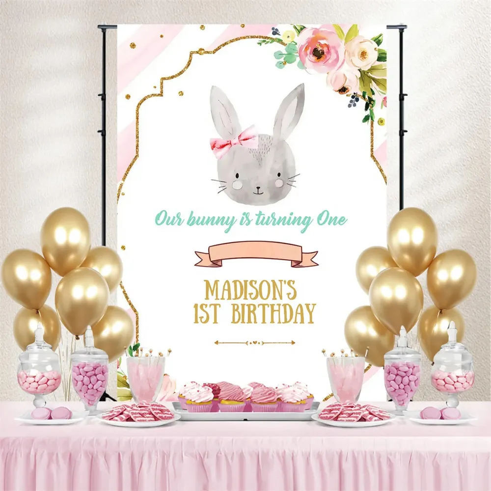Toile de fond Déco Pâques Lapin Rayé Rose Floral Personnalisée MRR3-137