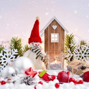 Toile de fond de Photographie de Bonhomme de Neige avec Boules de Noël RR7-830