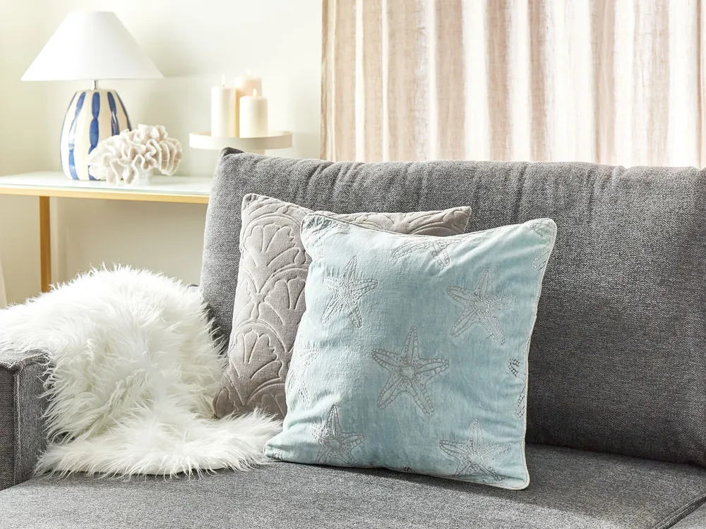 Velours Cushion Starfish Motif 45 x 45 cm Blue CERAMIUM