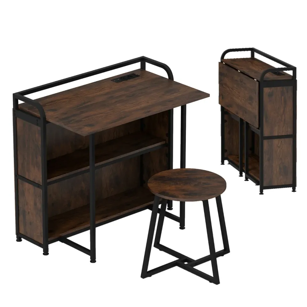 Bureau pliable avec banc de rangement 90 x 55 x 83 cm station d'alimentation intégrée ambiance rustique en bois brun 20_00...