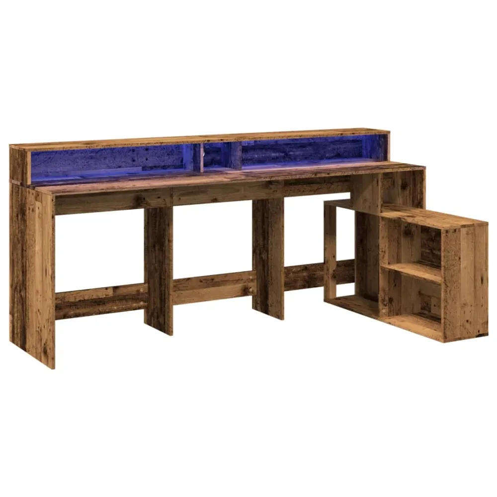 Bureau table poste de travail meuble d'ordinateur informatique étude avec lumières LED vieux bois bois d'ingénierie brun 0...