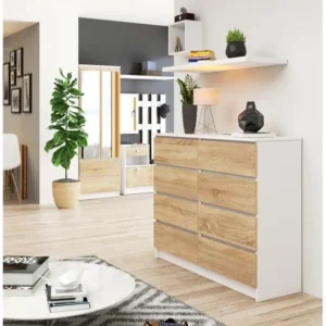 Commode AKORD K120 Blanche 120 cm 8 tiroirs façade Chêne Sonoma 120x40x99 cm