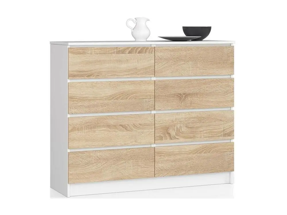 Commode AKORD K120 Blanche 120 cm 8 tiroirs façade Chêne Sonoma 120x40x99 cm