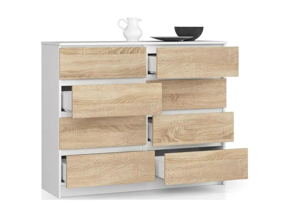 Commode AKORD K120 Blanche 120 cm 8 tiroirs façade Chêne Sonoma 120x40x99 cm