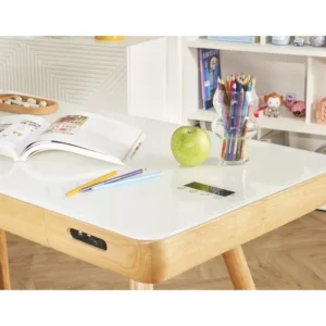 Bureau connecté multimédia avec tiroir en verre et bois évident L120 cm CLEVER