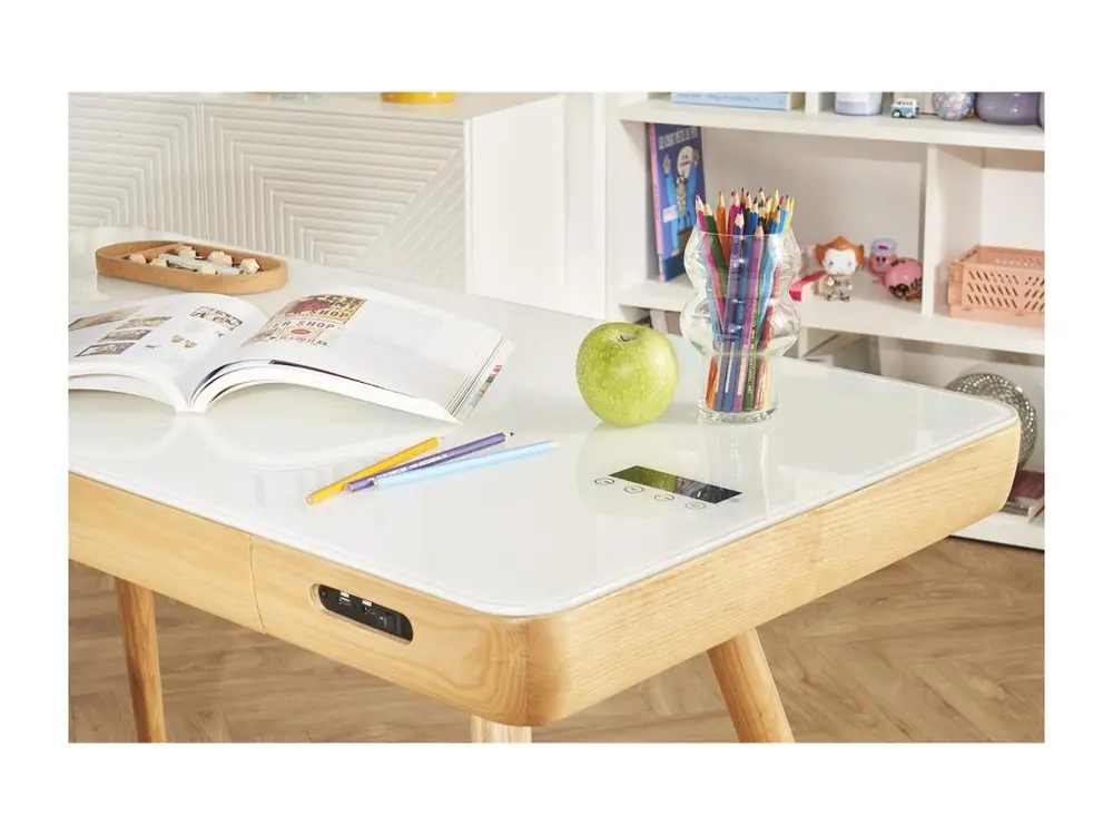 Bureau connecté multimédia avec tiroir en verre et bois évident L120 cm CLEVER