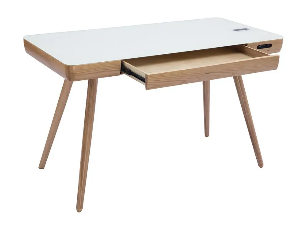 Bureau connecté multimédia avec tiroir en verre et bois évident L120 cm CLEVER