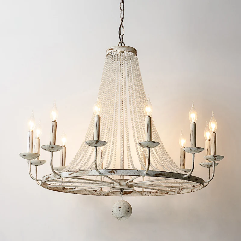 Certifié NF EN 1335 Lustre en perles de bois en détresse, lustre rétro en cristal net suspendu pour salon avec conception...