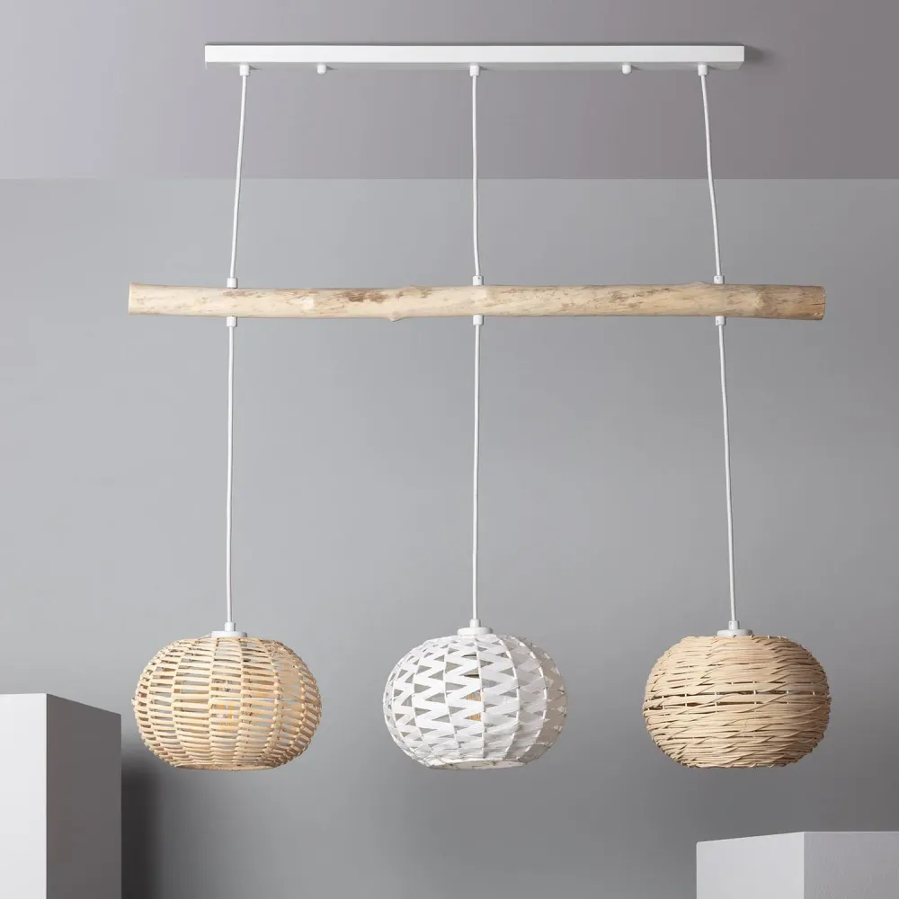 Chariot de service Lampe suspendue Linfen en rotin et bois avec éclairage LED