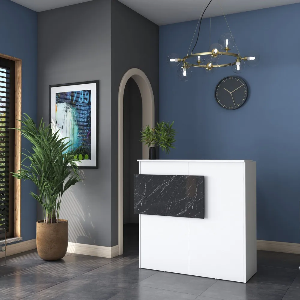 Comptoir de réception Luxar L110cm Blanc et Effet marbre Noir avec roulettes pivotantes