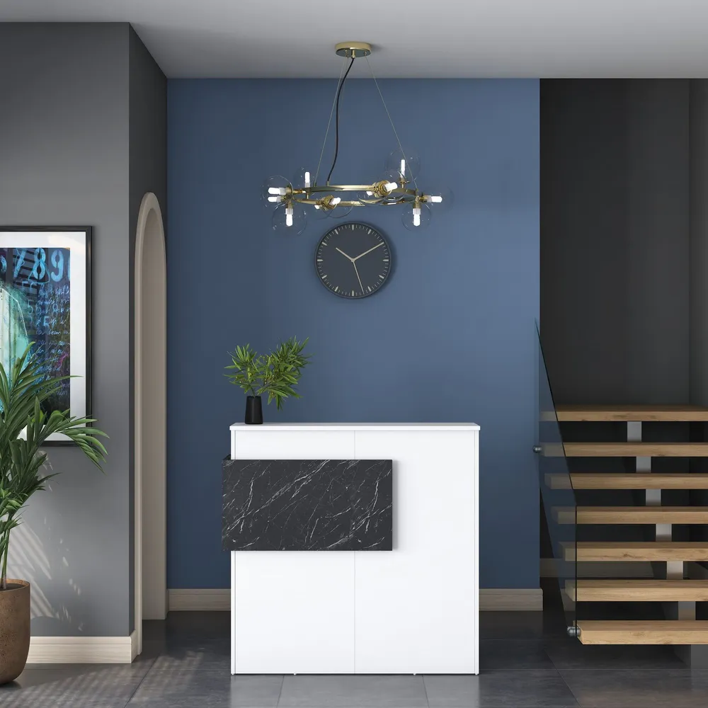 Comptoir de réception Luxar L110cm Blanc et Effet marbre Noir avec roulettes pivotantes