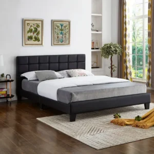 Lit En Pu Noir Avec TêTe De Lit RembourréE Intègre Un Support De Matelas avec surface antidérapante