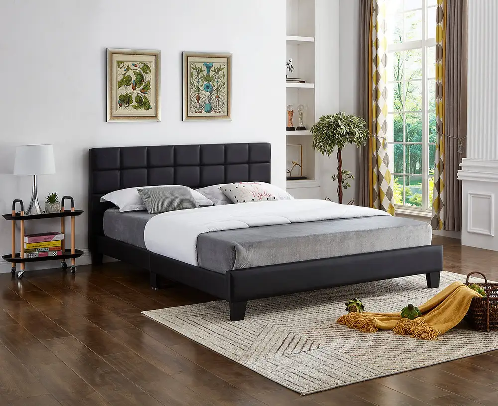 Lit En Pu Noir Avec TêTe De Lit RembourréE Intègre Un Support De Matelas avec surface antidérapante