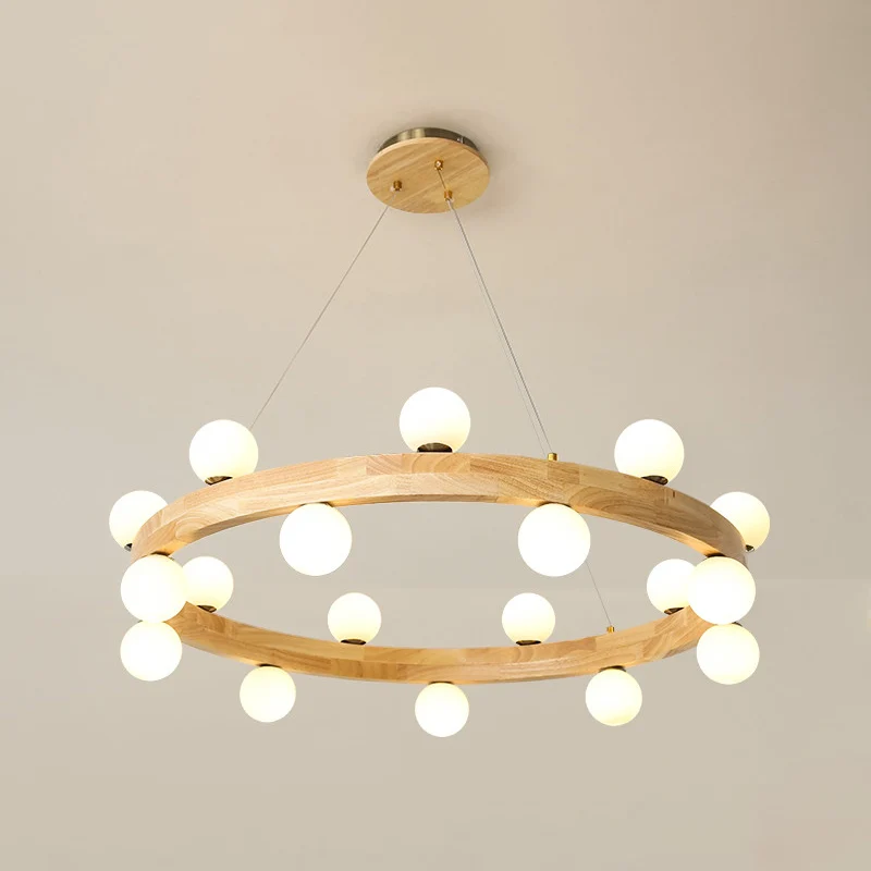 Lustre circulaire en bois, suspension LED minimaliste avec abat-jour en verre opale orbe | Assemblage Rapide