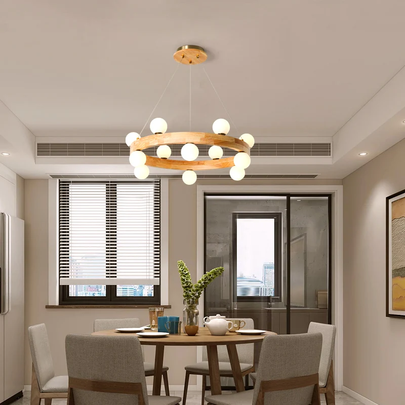 Lustre circulaire en bois, suspension LED minimaliste avec abat-jour en verre opale orbe | Assemblage Rapide