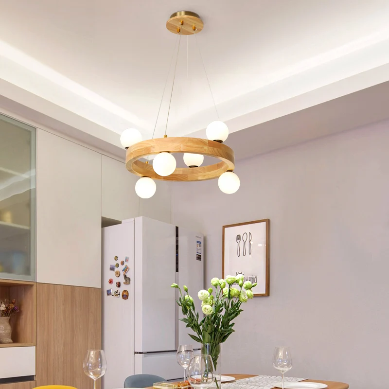 Lustre circulaire en bois, suspension LED minimaliste avec abat-jour en verre opale orbe | Assemblage Rapide