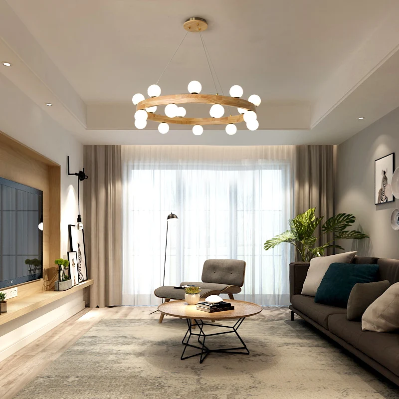 Lustre circulaire en bois, suspension LED minimaliste avec abat-jour en verre opale orbe | Assemblage Rapide