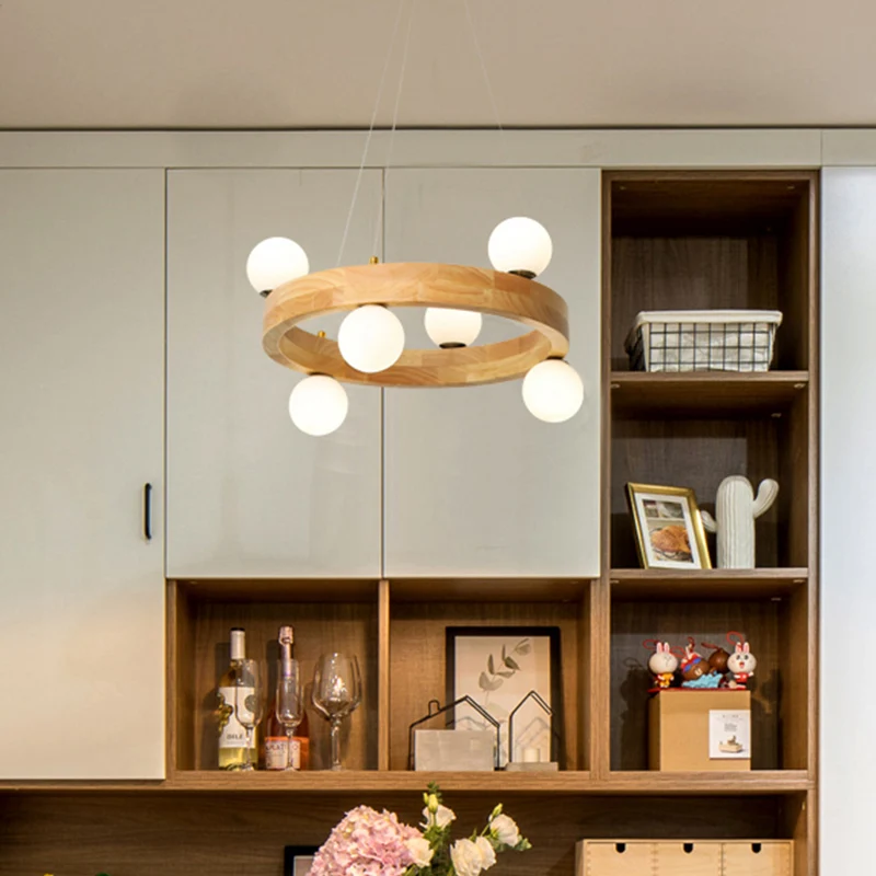 Lustre circulaire en bois, suspension LED minimaliste avec abat-jour en verre opale orbe | Assemblage Rapide