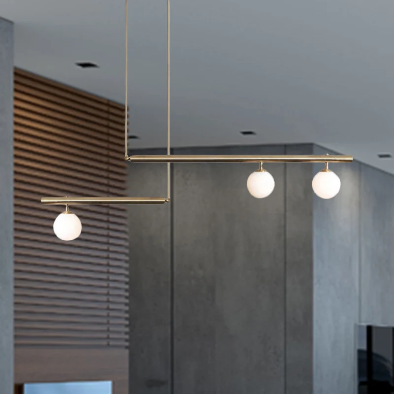Lustre linéaire de couloir de bureau avec abat-jour orbite en métal 3/6/7 lumières suspension moderne dépouillé en laiton