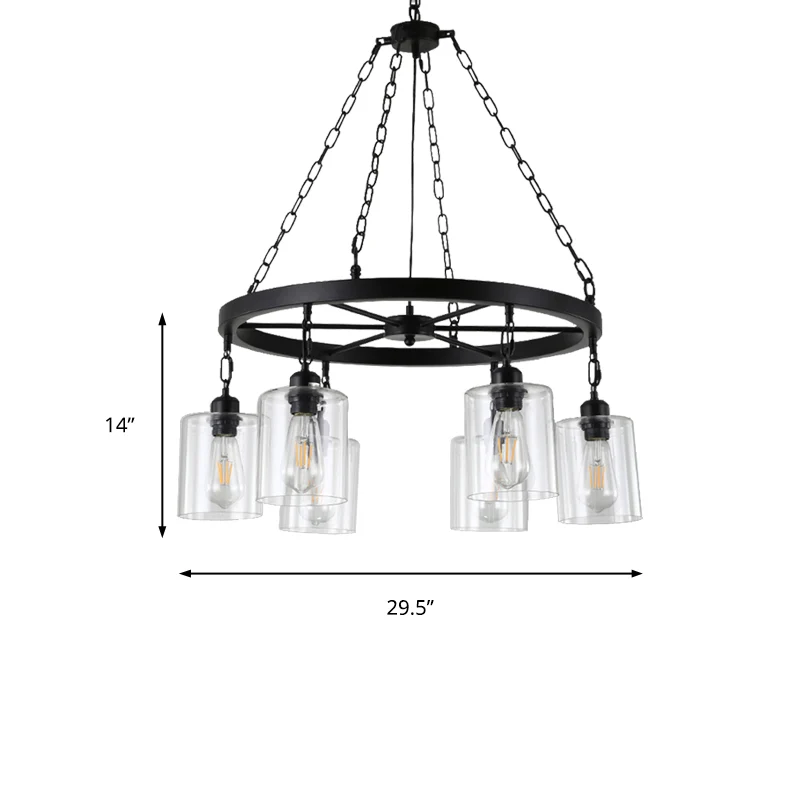 Lustre suspendu noir à 6/8 lumières, cylindre en verre diaphane traditionnel avec conception de roue de chariot