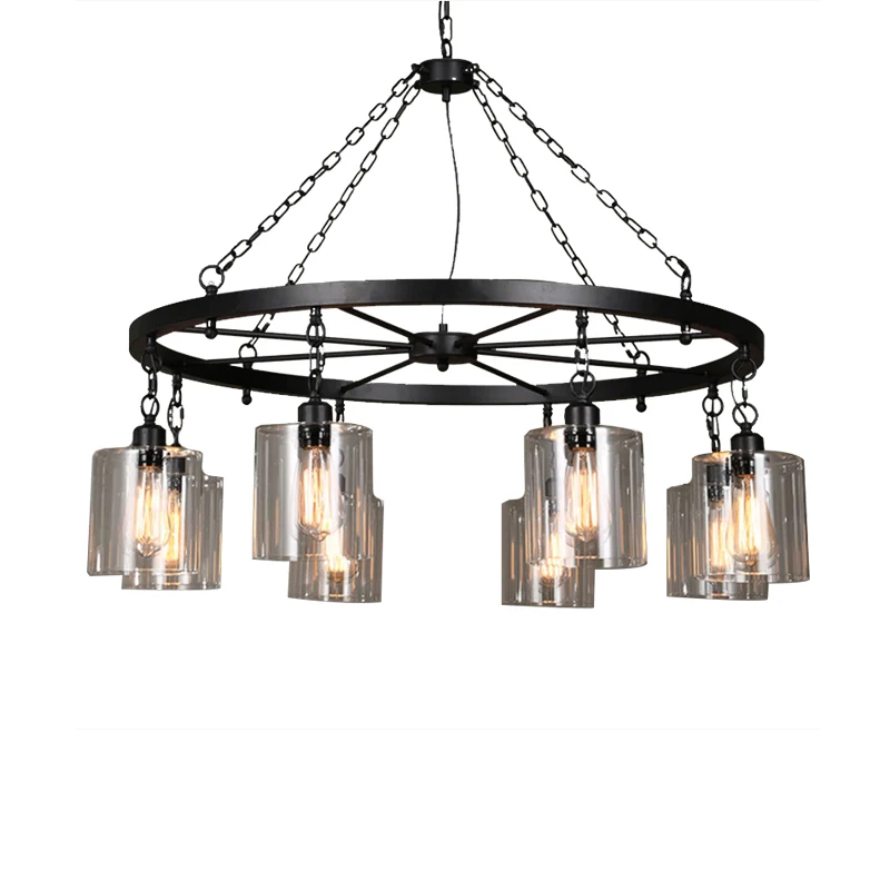 Lustre suspendu noir à 6/8 lumières, cylindre en verre diaphane traditionnel avec conception de roue de chariot