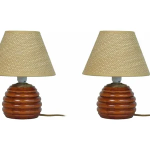Pair de Lampes de chevet globe bois foncé,beige 26,5 cm.