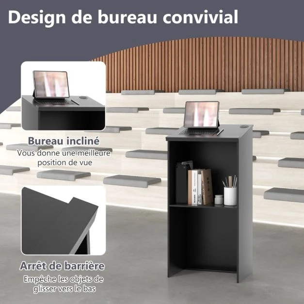 Pupitre pour podium support d'hôtesse de 116,5 cm avec étagère de rangement et trous pour câbles pupitre en bois pour égli...