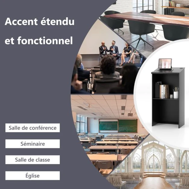 Pupitre pour podium support d'hôtesse de 116,5 cm avec étagère de rangement et trous pour câbles pupitre en bois pour égli...