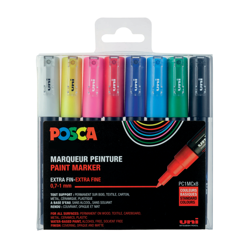 Set 8 marqueurs POSCA pointe conique extra-fine 0.7mm assortis Posca