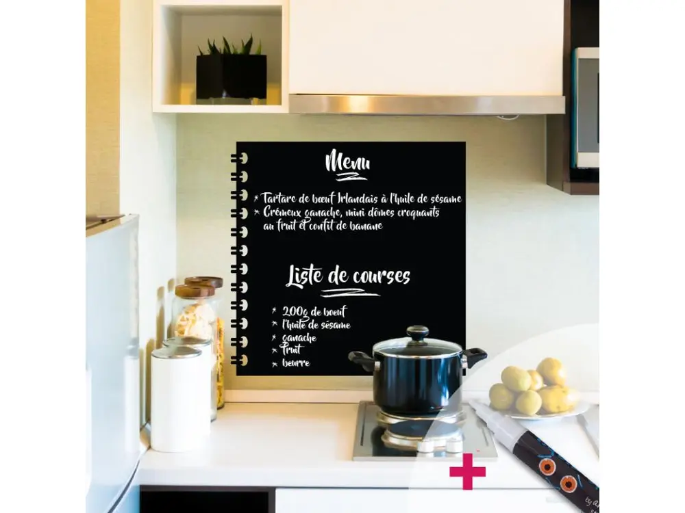 Sticker ardoise tableau noir - stickers muraux adhésif effaçable - BLOC NOTES + CRAIE LIQUIDE BLANCHE - 65x65cm