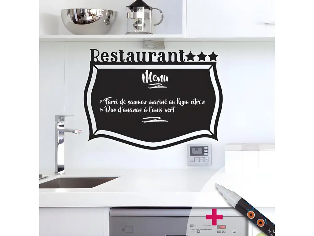 Sticker ardoise tableau noir - stickers muraux adhésif effaçable - RESTAURANT 3 ÉTOILES + CRAIE LIQUIDE BLANCHE - 105x145cm