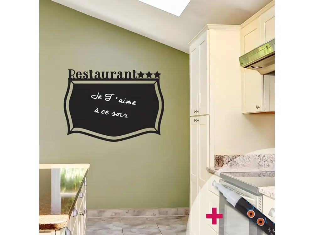 Sticker ardoise tableau noir - stickers muraux adhésif effaçable - RESTAURANT 3 ÉTOILES + CRAIE LIQUIDE BLANCHE - 105x145cm