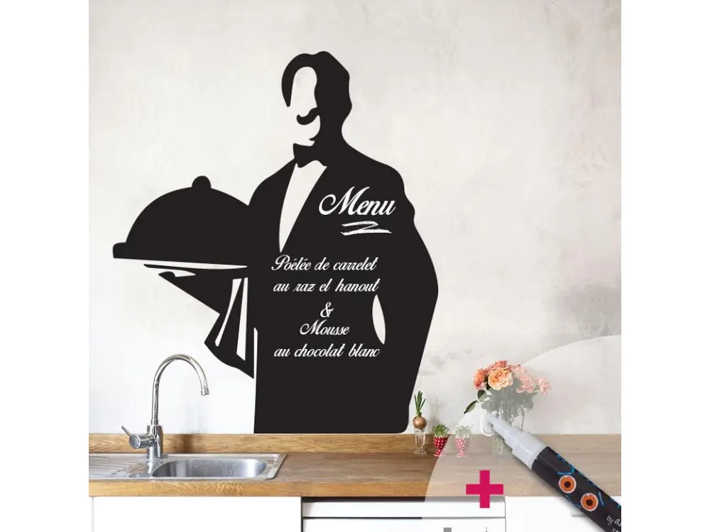 Sticker ardoise tableau noir - stickers muraux adhésif effaçable - SERVEUR + CRAIE LIQUIDE BLANCHE - 100x85cm