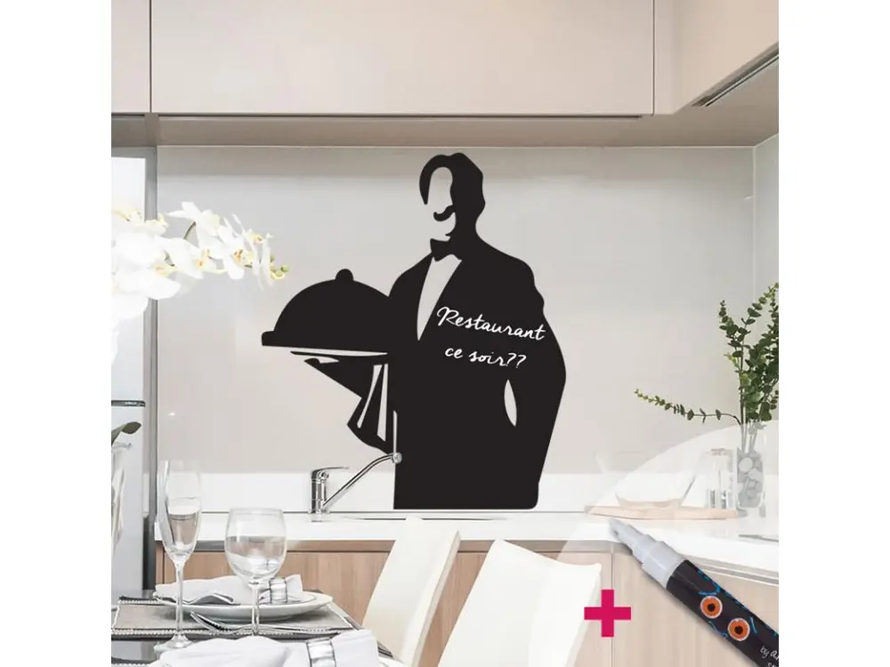 Sticker ardoise tableau noir - stickers muraux adhésif effaçable - SERVEUR + CRAIE LIQUIDE BLANCHE - 100x85cm