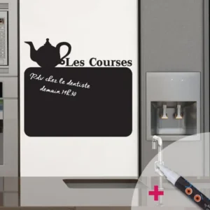 Sticker ardoise tableau noir - stickers muraux adhésif effaçable - TYPIQUE LES COURSES + CRAIE LIQUIDE BLANCHE - 25x25cm