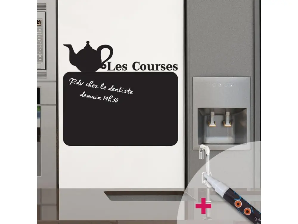 Sticker ardoise tableau noir - stickers muraux adhésif effaçable - TYPIQUE LES COURSES + CRAIE LIQUIDE BLANCHE - 25x25cm