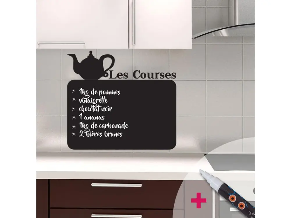 Sticker ardoise tableau noir - stickers muraux adhésif effaçable - TYPIQUE LES COURSES + CRAIE LIQUIDE BLANCHE - 25x25cm