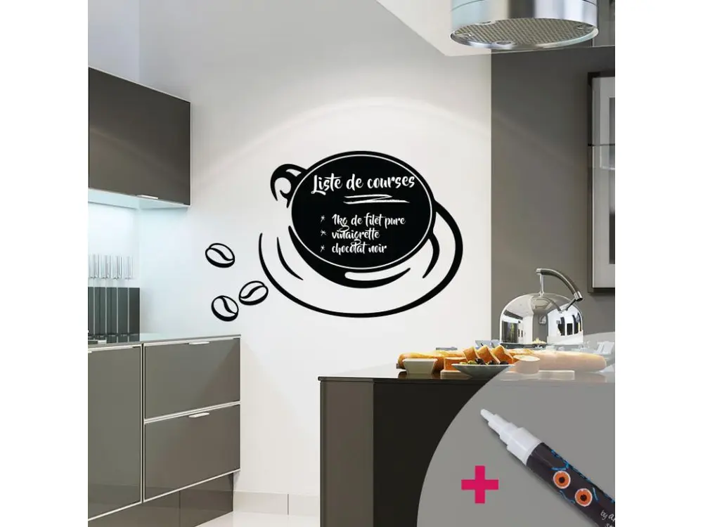 Sticker ardoise tableau noir - stickers muraux adhésif effaçable - CAFÉ CHIC + CRAIE LIQUIDE BLANCHE - 105x130cm