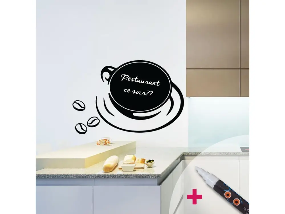 Sticker ardoise tableau noir - stickers muraux adhésif effaçable - CAFÉ CHIC + CRAIE LIQUIDE BLANCHE - 105x130cm