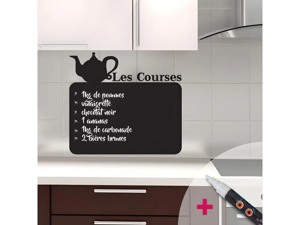 Sticker ardoise tableau noir - stickers muraux adhésif effaçable - AUTHENTIQUE LES COURSES + CRAIE LIQUIDE BLANCHE - 75x80cm