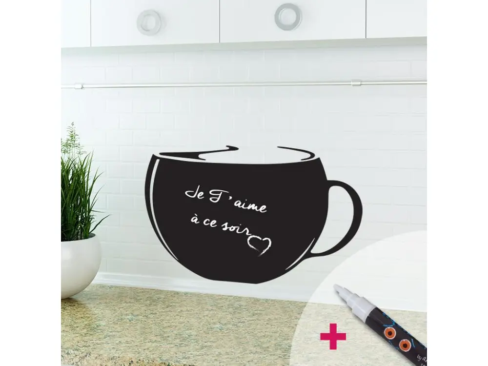 Sticker ardoise tableau noir - stickers muraux adhésif effaçable - IMPORTANT CAFÉ + CRAIE LIQUIDE BLANCHE - 105x165cm