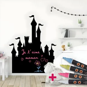 Sticker ardoise tableau noir - stickers muraux adhésif effaçable - CHÂTEAU DE PRINCESSE + 4 CRAIES LIQUIDES - 30x25cm