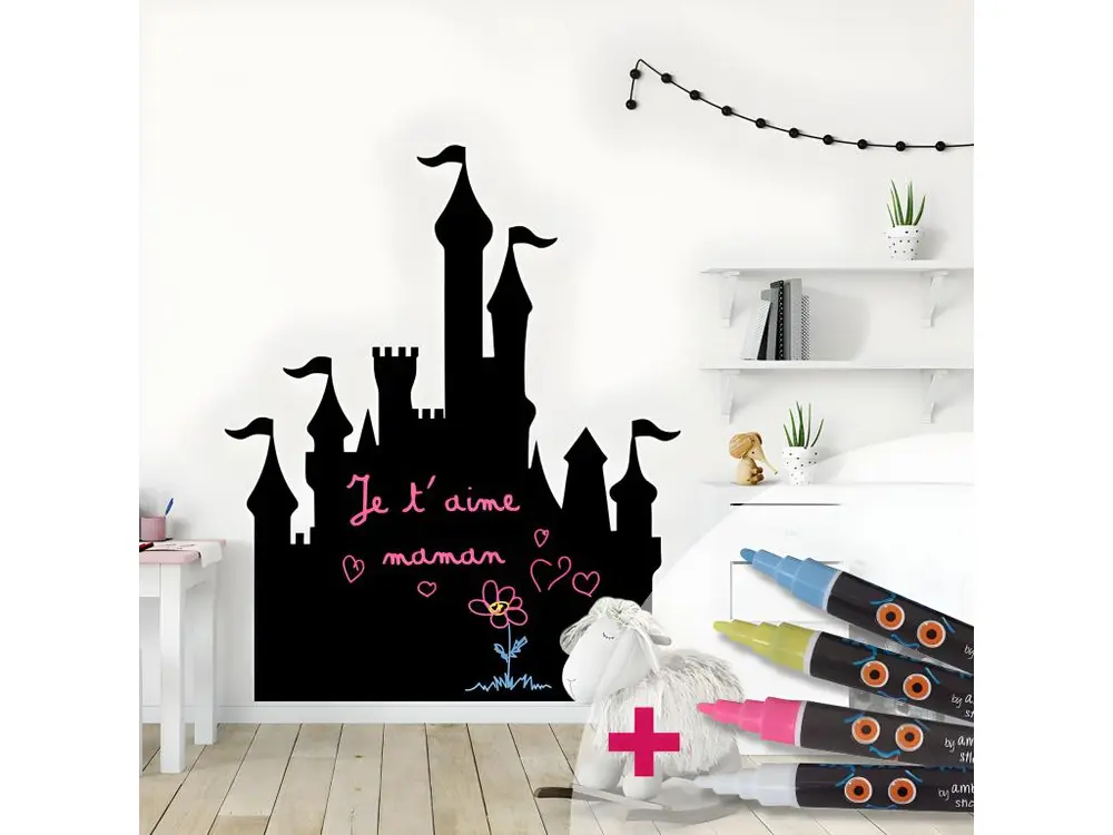 Sticker ardoise tableau noir - stickers muraux adhésif effaçable - CHÂTEAU DE PRINCESSE + 4 CRAIES LIQUIDES - 30x25cm